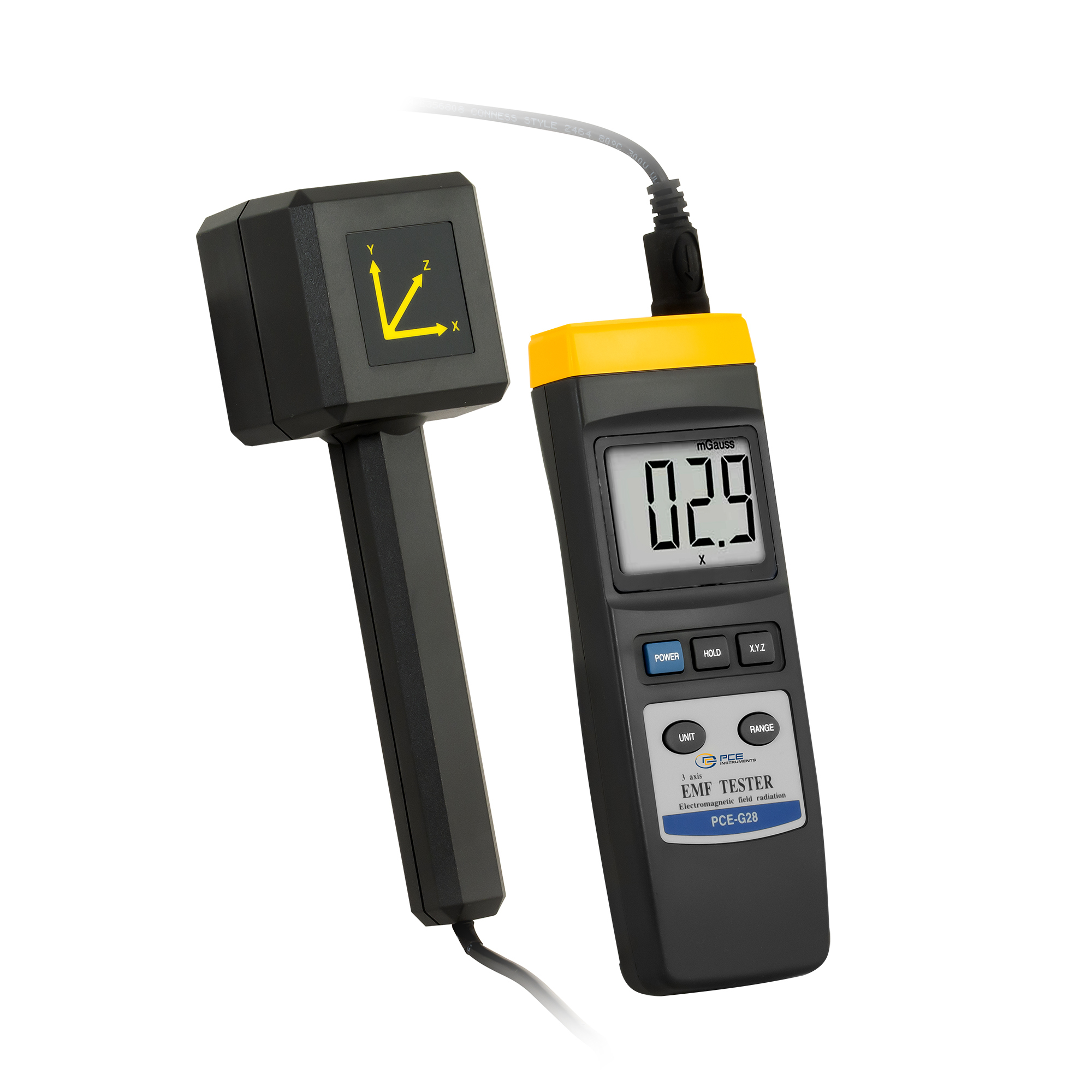 PCE Gaussmeter — Handheld, Measures in milliGauss or microTesla, External 3-Axis Electromagnetic Sensor, Model# PCE-G28